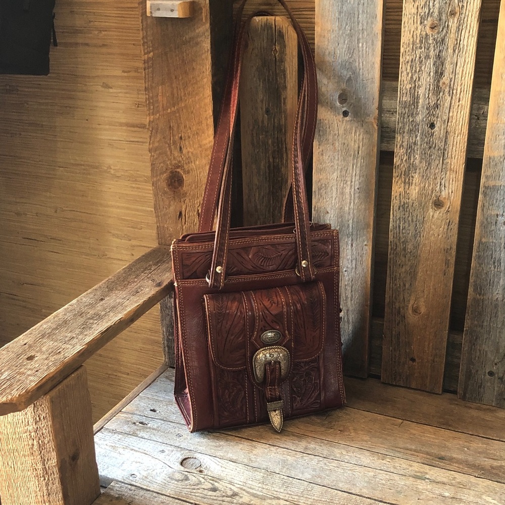 American West Brown Tooled Leather Shoulder Bag with Buckle
